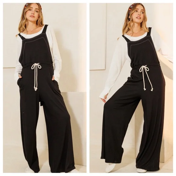 07 Fabulous Ribbed Knit Wide Leg Tie at Waist Jumpsuit - Picture 3 of 3